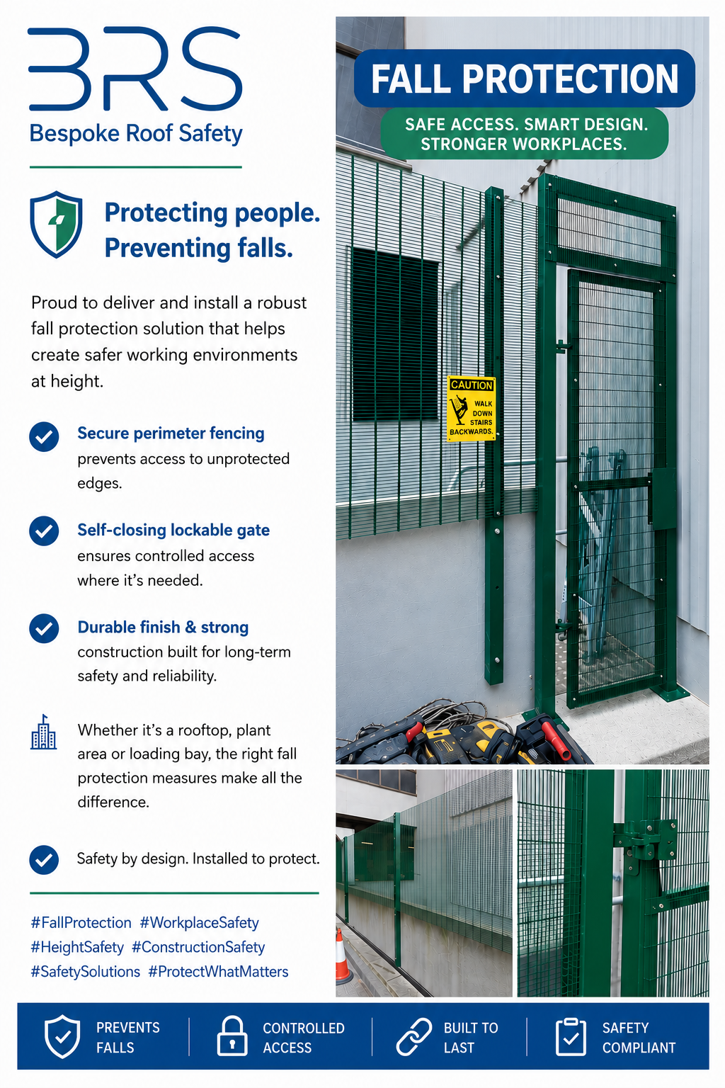 Bespoke Roof Safety fall protection case study showing perimeter fencing and a self-closing lockable gate.