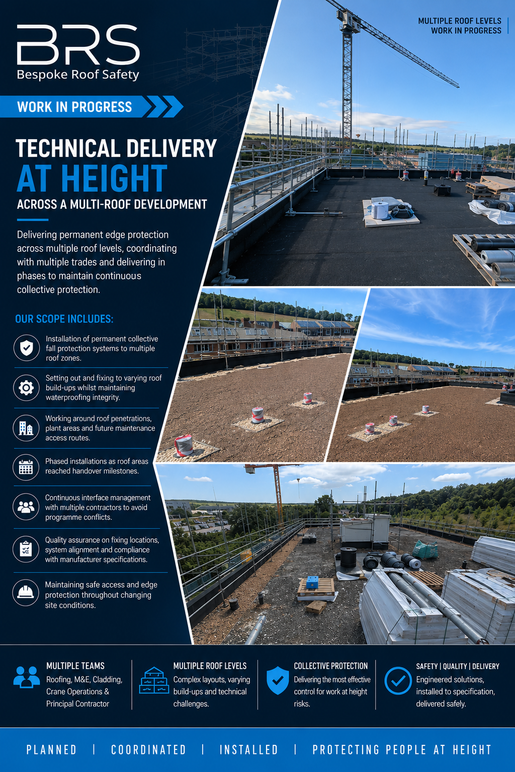 Bespoke Roof Safety work-in-progress case study showing permanent edge protection across multiple roof levels.