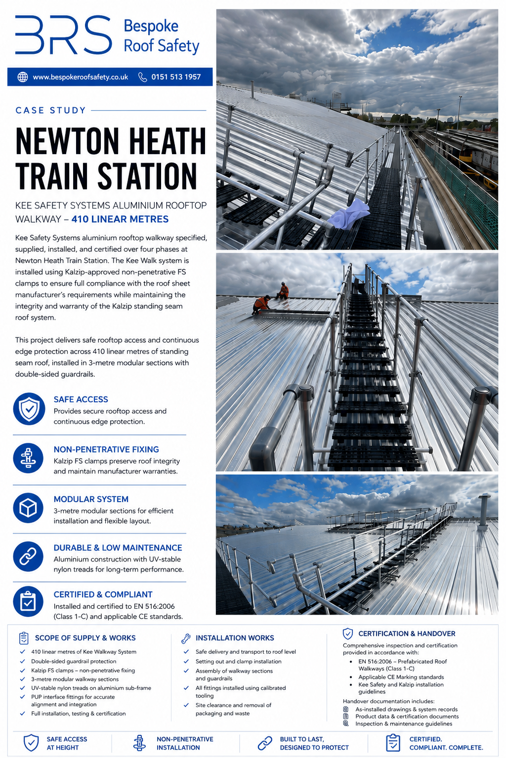 Bespoke Roof Safety Newton Heath Train Station case study showing an aluminium rooftop walkway and guardrails.
